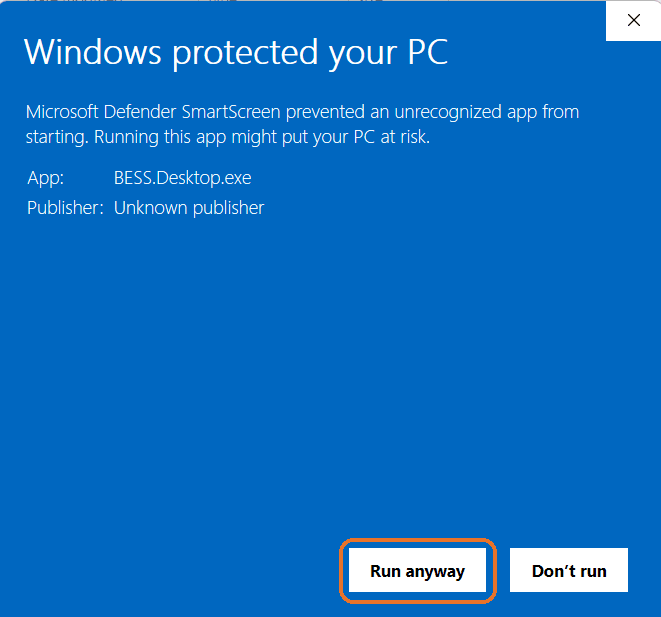 The Windows blue screen with Run anyway highlighted