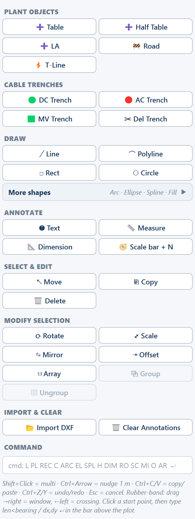 The sketch palette with several tables selected, so Rotate, Scale, Mirror, Offset and Array are enabled.