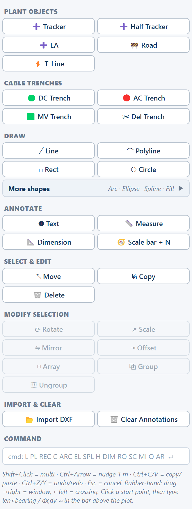 The sketch palette in a tracker design, where the plant objects read Tracker and Half Tracker.