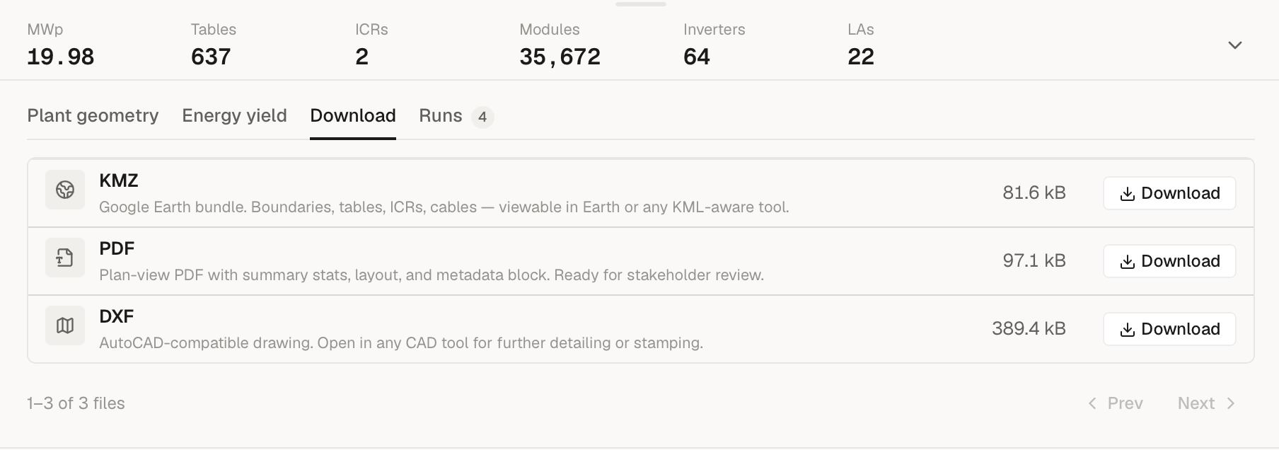 SolarLayout Download tab listing the KMZ row with its Download button outlined, ready for download.