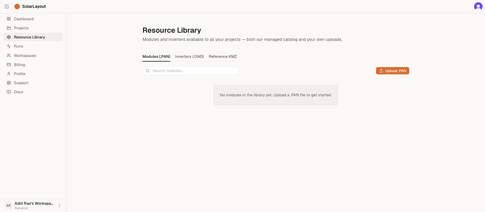 SolarLayout Resource library page showing the Modules tab with the empty-by-default managed catalog and the upload empty-state card.