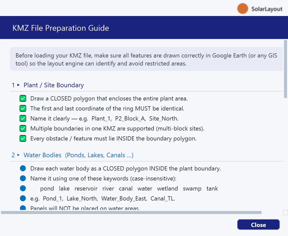 The KMZ File Preparation Guide window with its numbered sections and the quick-reference table.