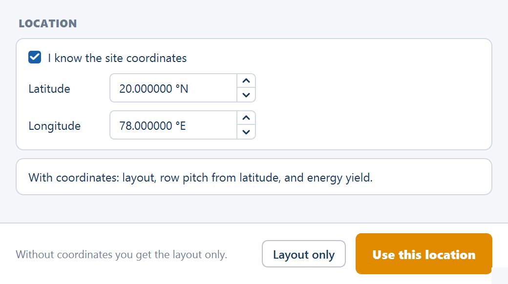 The Site reference window for a CAD file: the I know the site coordinates tick, latitude and longitude, the consequence banner, and the Layout only and Use this location buttons.
