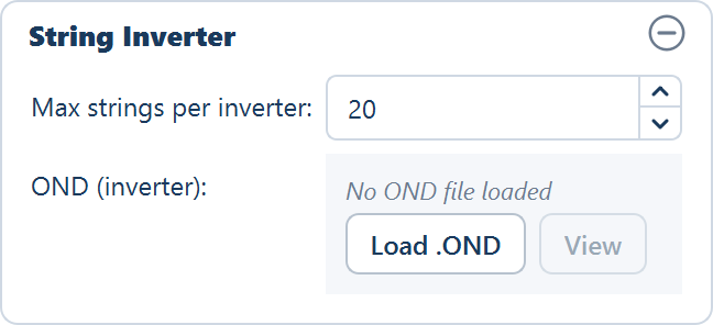 The String Inverter card at its defaults: maximum strings per inverter and the OND file row with Load .OND and View.