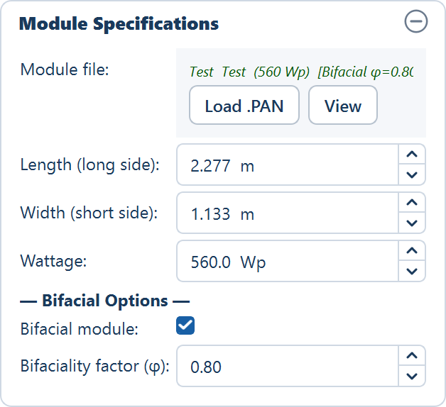 The Module Specifications card after a bifacial module file is loaded: the module name on the file row, the dimensions and wattage filled in, Bifacial ticked and the factor filled in.