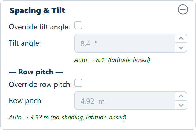 The Spacing & Tilt card after a layout, with the Auto labels reporting the derived tilt and pitch and the values pre-filled into the greyed-out fields.