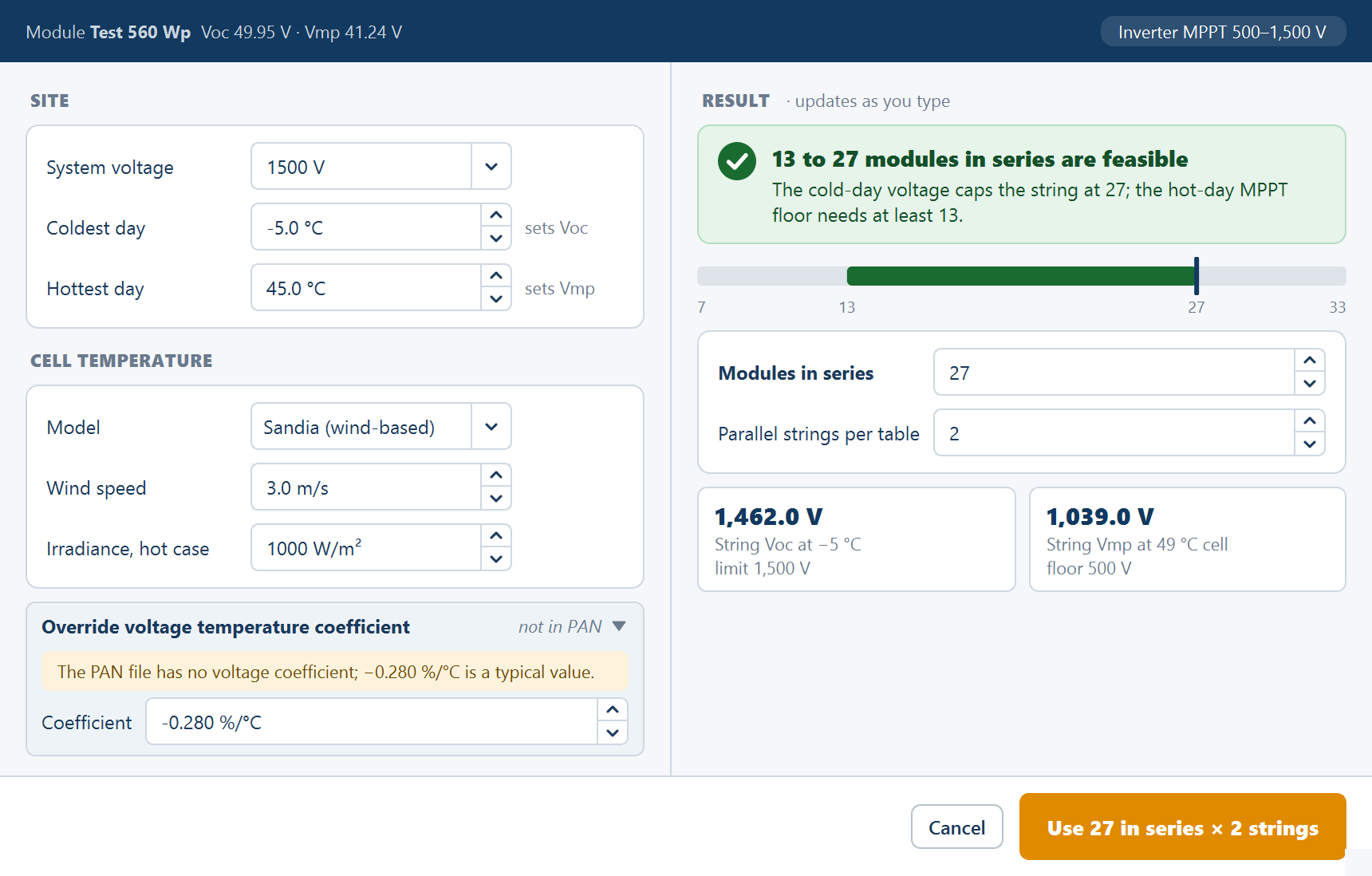 The String sizing window: SITE and CELL TEMPERATURE inputs on the left; on the right a green verdict 13 to 27 modules in series are feasible, the range bar, the modules-in-series and parallel-strings fields, two voltage tiles, and the Use 27 in series × 2 strings button.