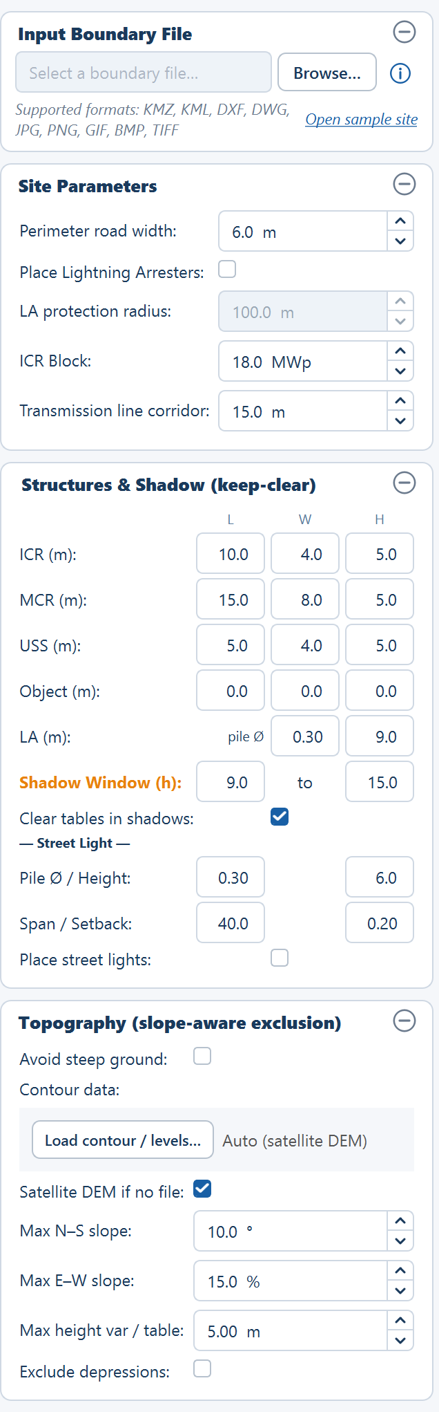 The Site tab's four cards in one tall image: Input Boundary File, Site Parameters, Structures & Shadow (keep-clear) and Topography (slope-aware exclusion).