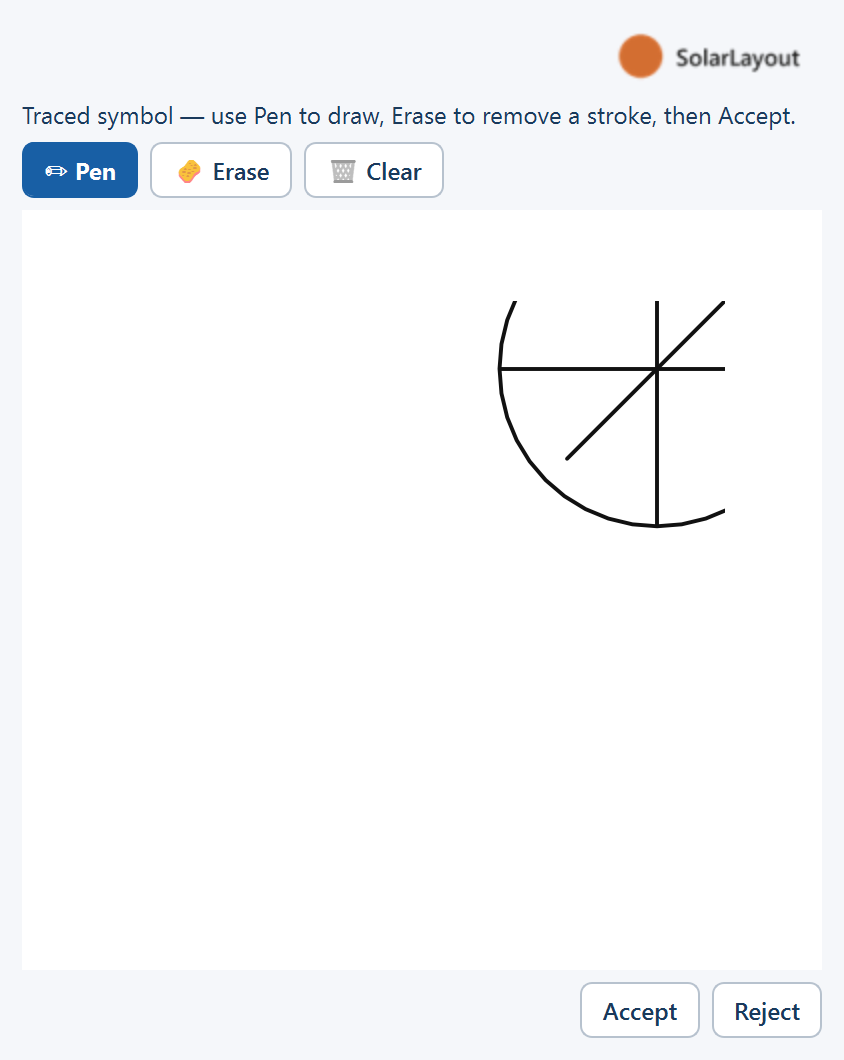 The Symbol Editor with a traced symbol and the Pen, Erase and Clear tools above Accept and Reject.