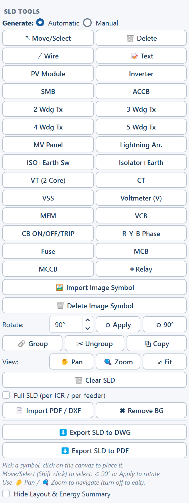 The SLD TOOLS panel: the Generate radios, the symbol grid, the image-symbol buttons, rotate, group, view, the Full SLD tick, the import and export buttons.