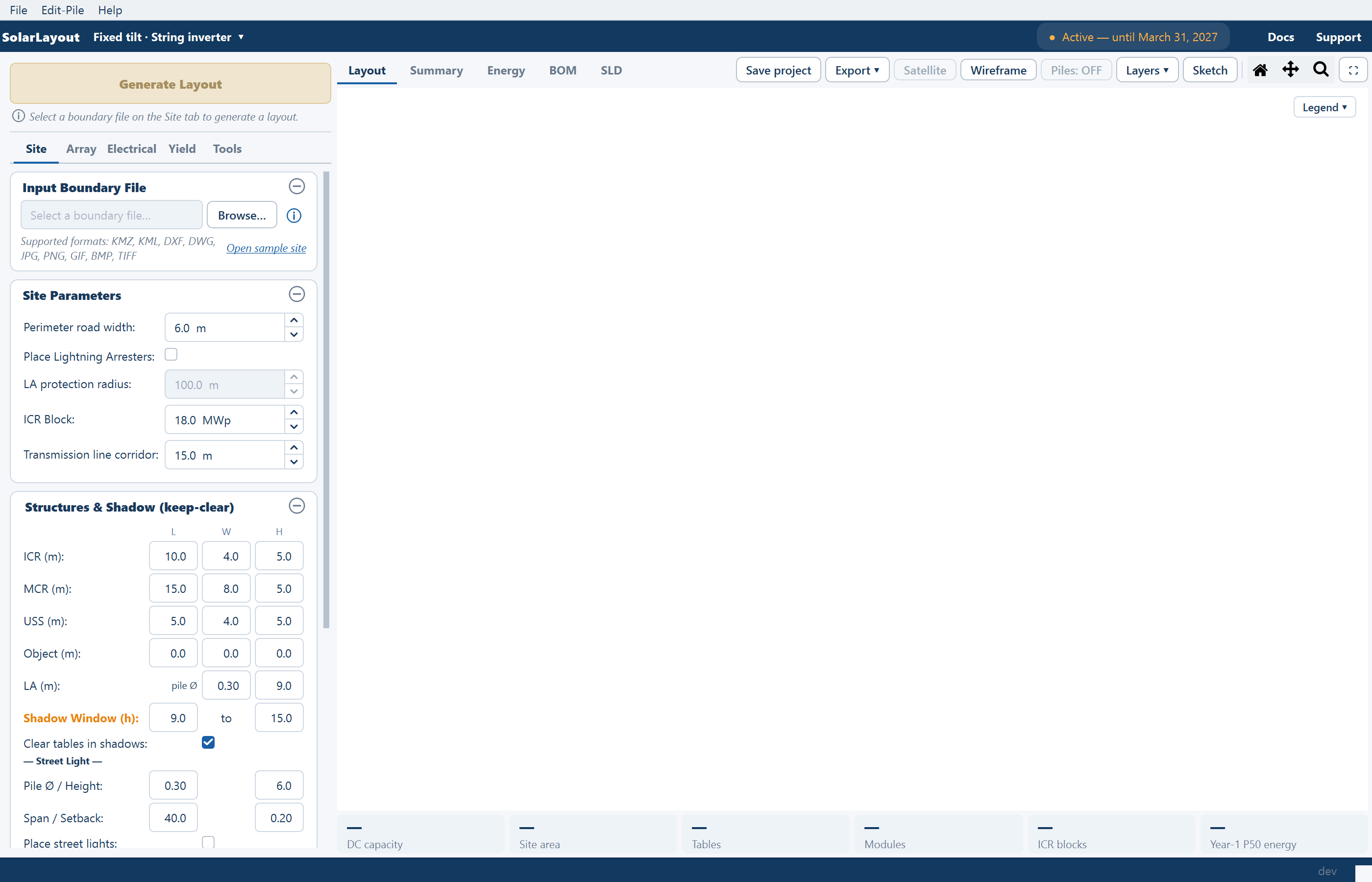 The main window in a fixed-tilt string-inverter design: the ribbon, the pinned Generate Layout button with its hint, the Site tab of the inputs, the view tabs and an empty plot.