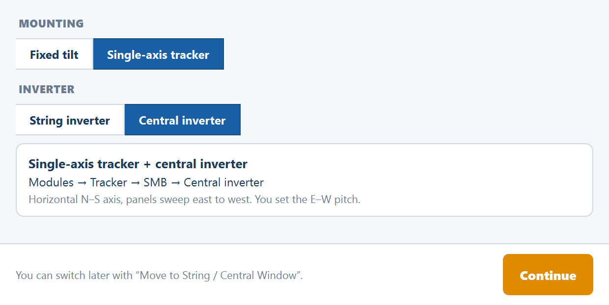 The New design window with Single-axis tracker and Central inverter selected and the summary card updated to match.