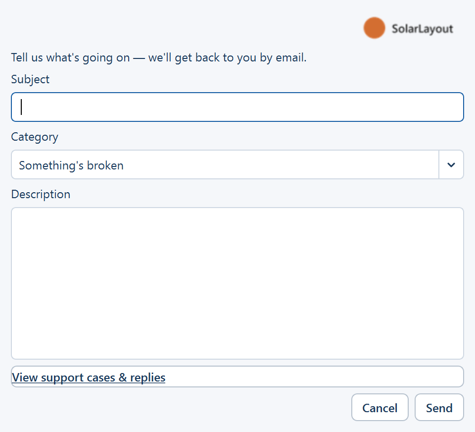 The Support / Feedback window with the subject, category and description fields and the Send button.