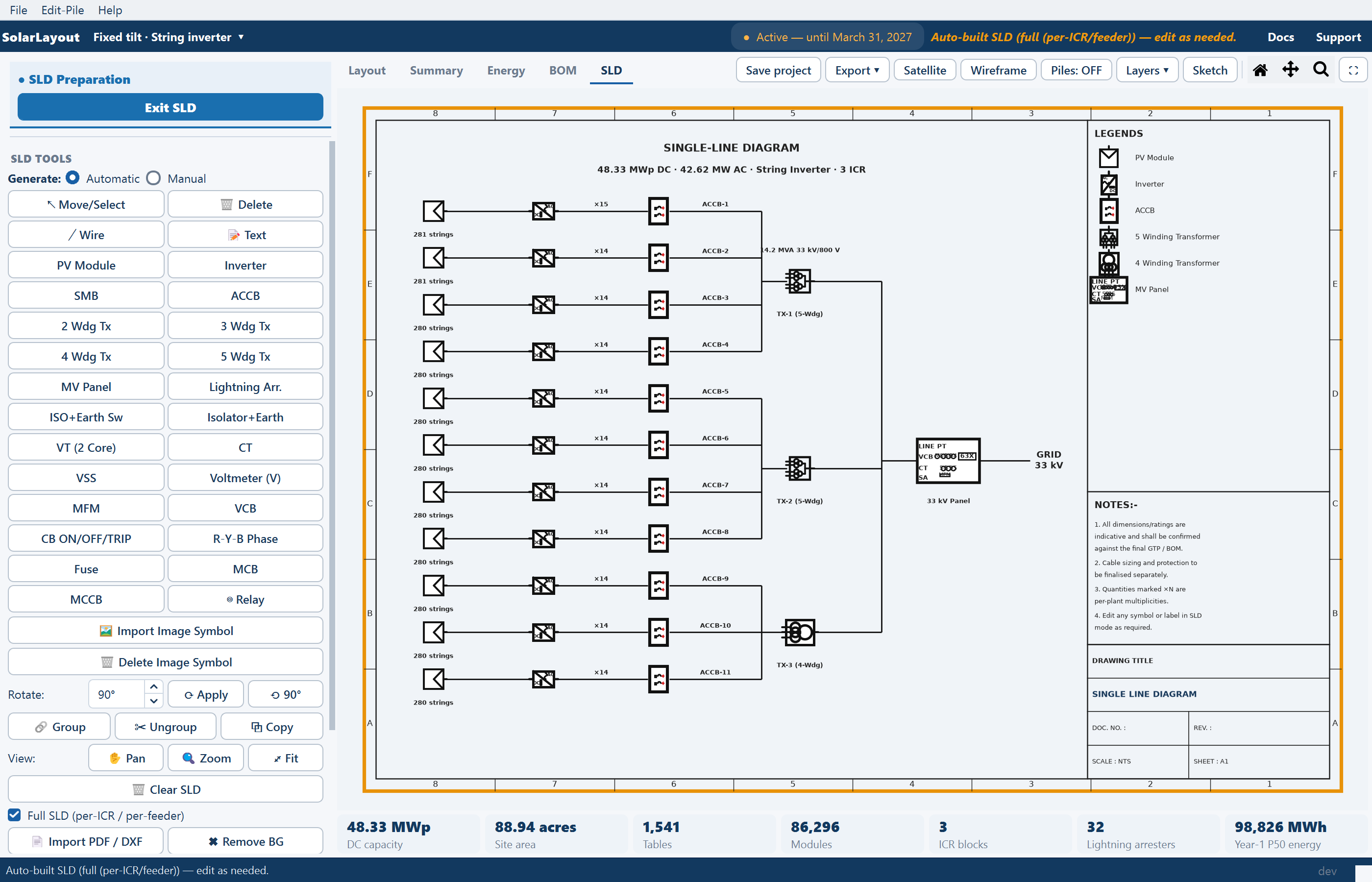 The SLD view with Full SLD (per-ICR / per-feeder) ticked, showing parallel feeders converging on per-ICR transformers.
