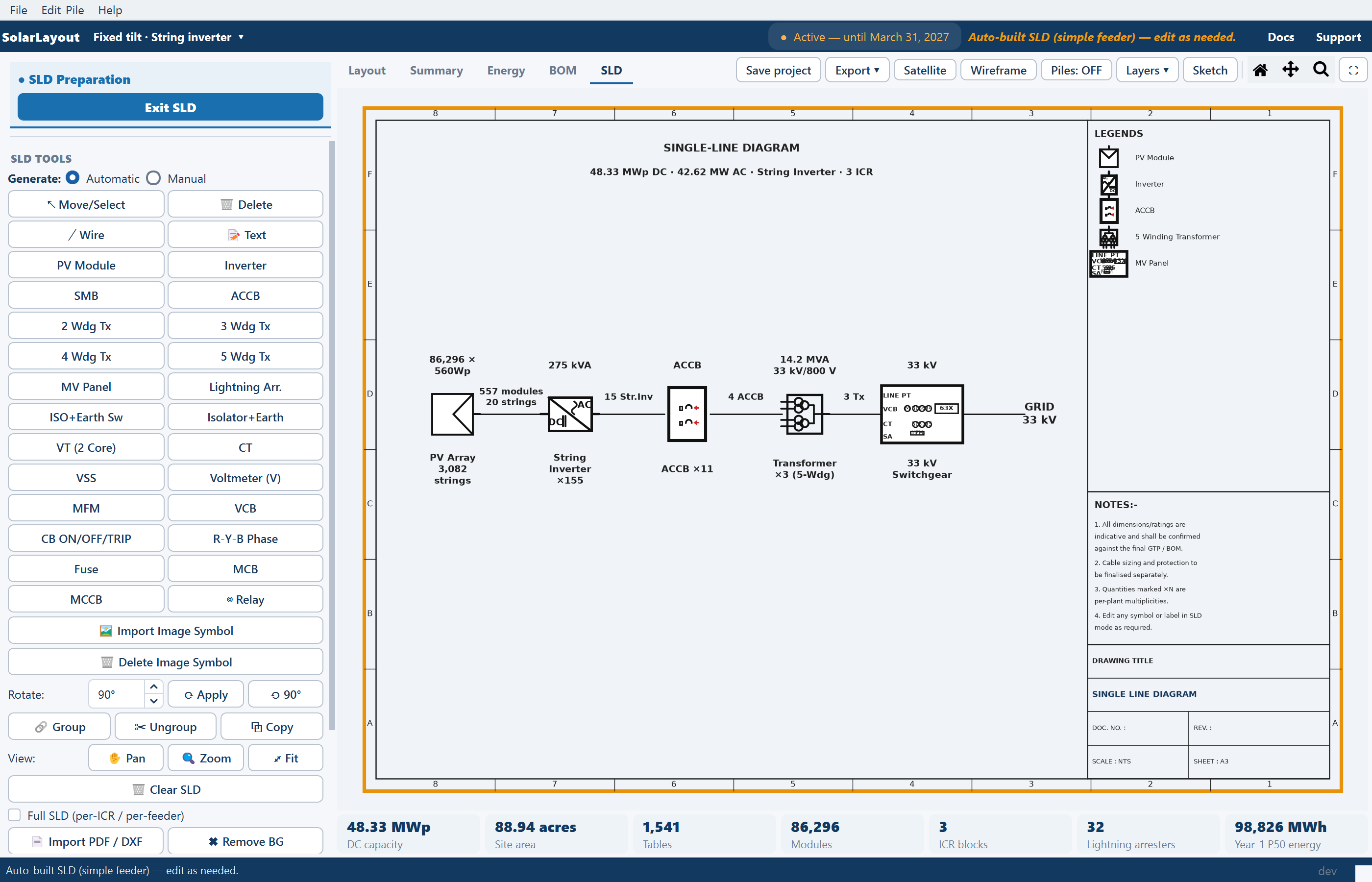 The SLD view after Generate: Automatic, with the annotated chain PV array, string inverters, ACCB, transformers, switchgear and grid on the sheet.
