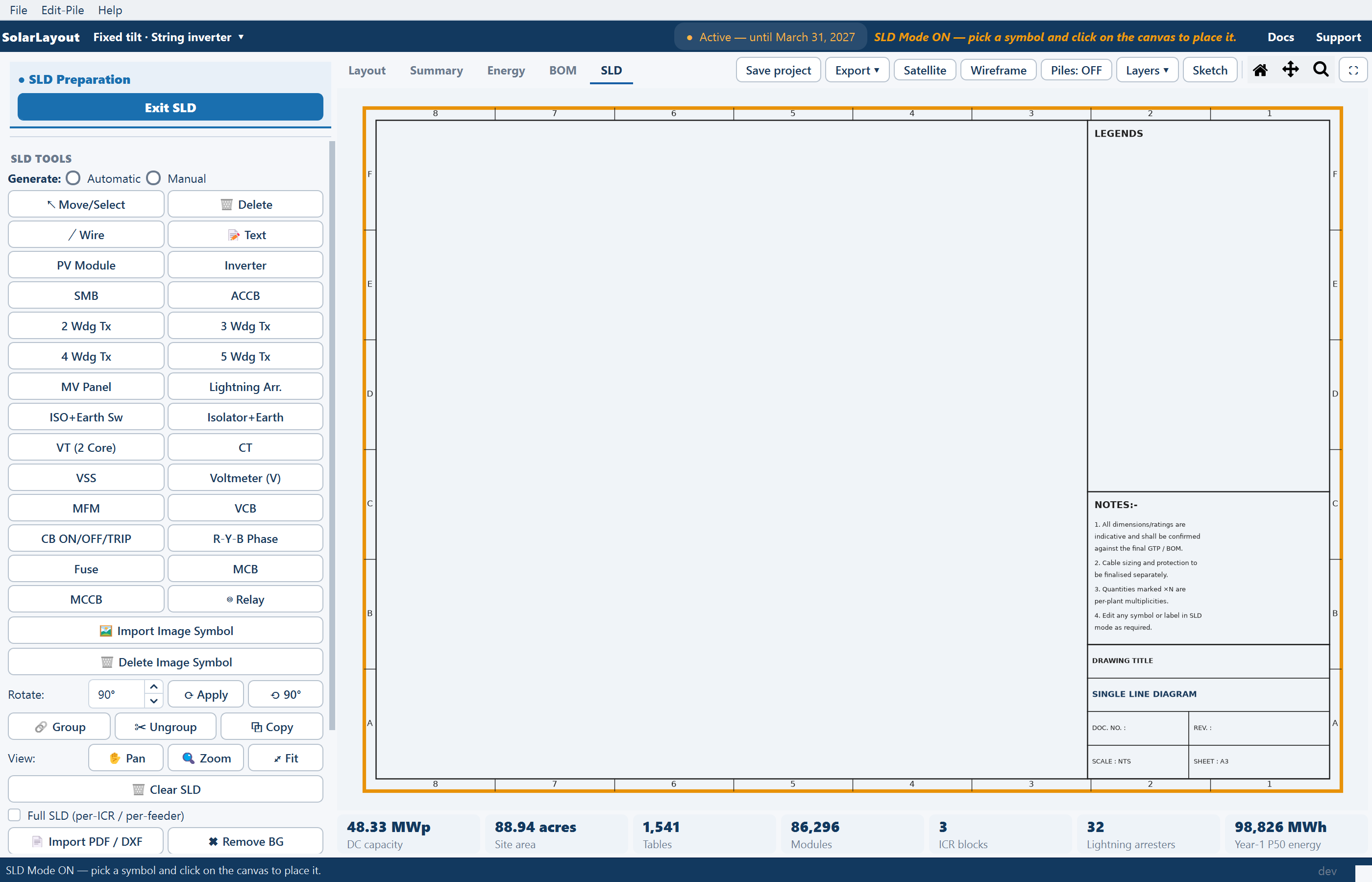 The SLD view on entry: the blue banner and SLD TOOLS on the left with neither Automatic nor Manual chosen, and the empty A3 sheet frame on the right.
